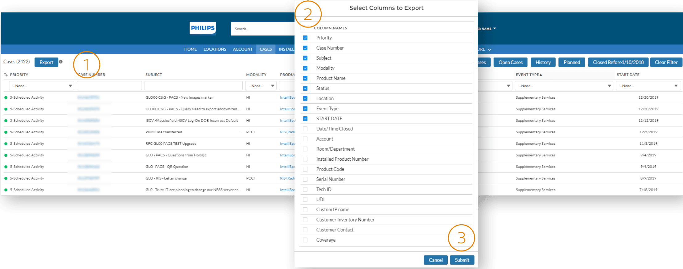 Export cases list