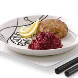 Fish burgers with roasted beetroot purée